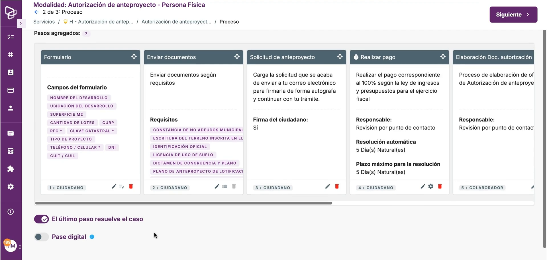 Opción Pase digital en la sección Proceso del trámite