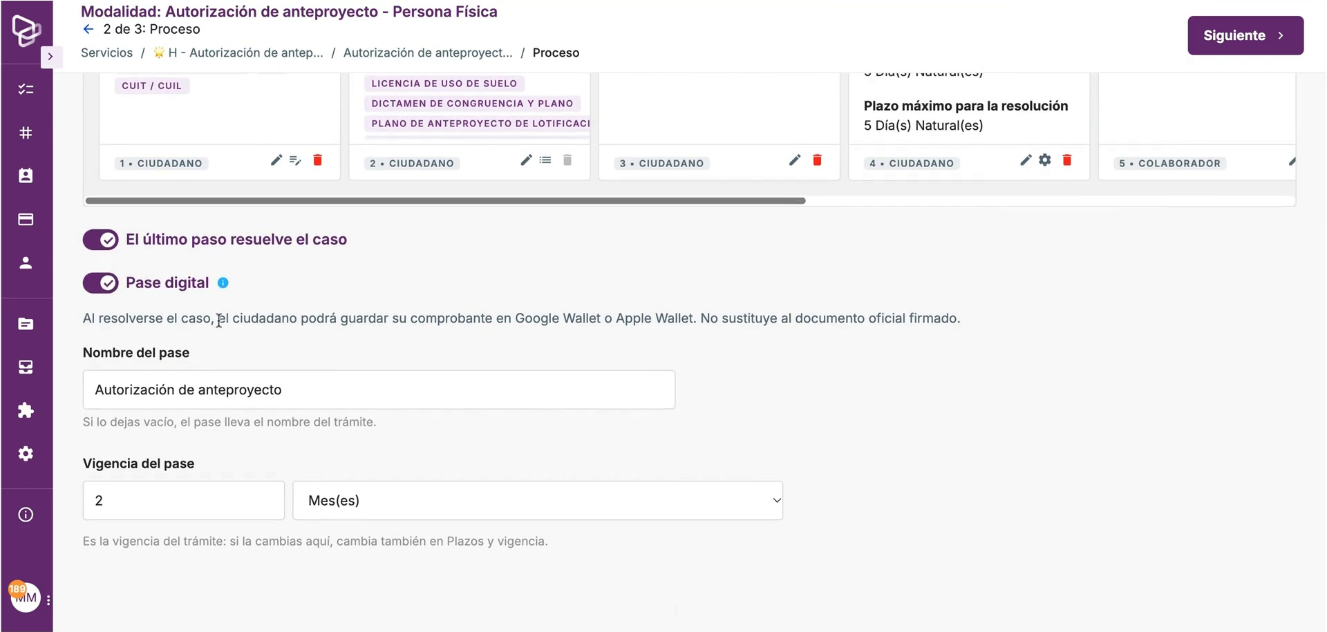 Nombre y vigencia del pase